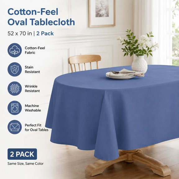 Cotton-Feel Oval Tablecloth 52 x 70in Dining Table Cover - Stain & Wrinkle Resistant Spun Polyester - Periwinkle, 2 Pack