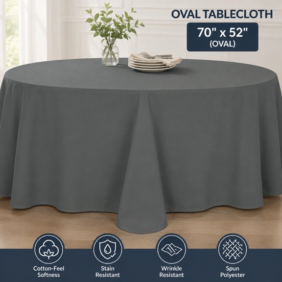 Cotton-Feel Oval Tablecloth 52 x 70in for Dining Table - Wrinkle & Stain Resistant Spun Polyester, Charcoal, 1 Pack
