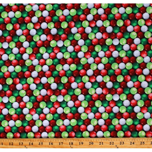 Cotton Festive Gumballs Gum Drops Christmas Candy Balls Candies Sweets Red Green White Sweet Holidays Cotton Fabric Print by The Yard (12783-99)