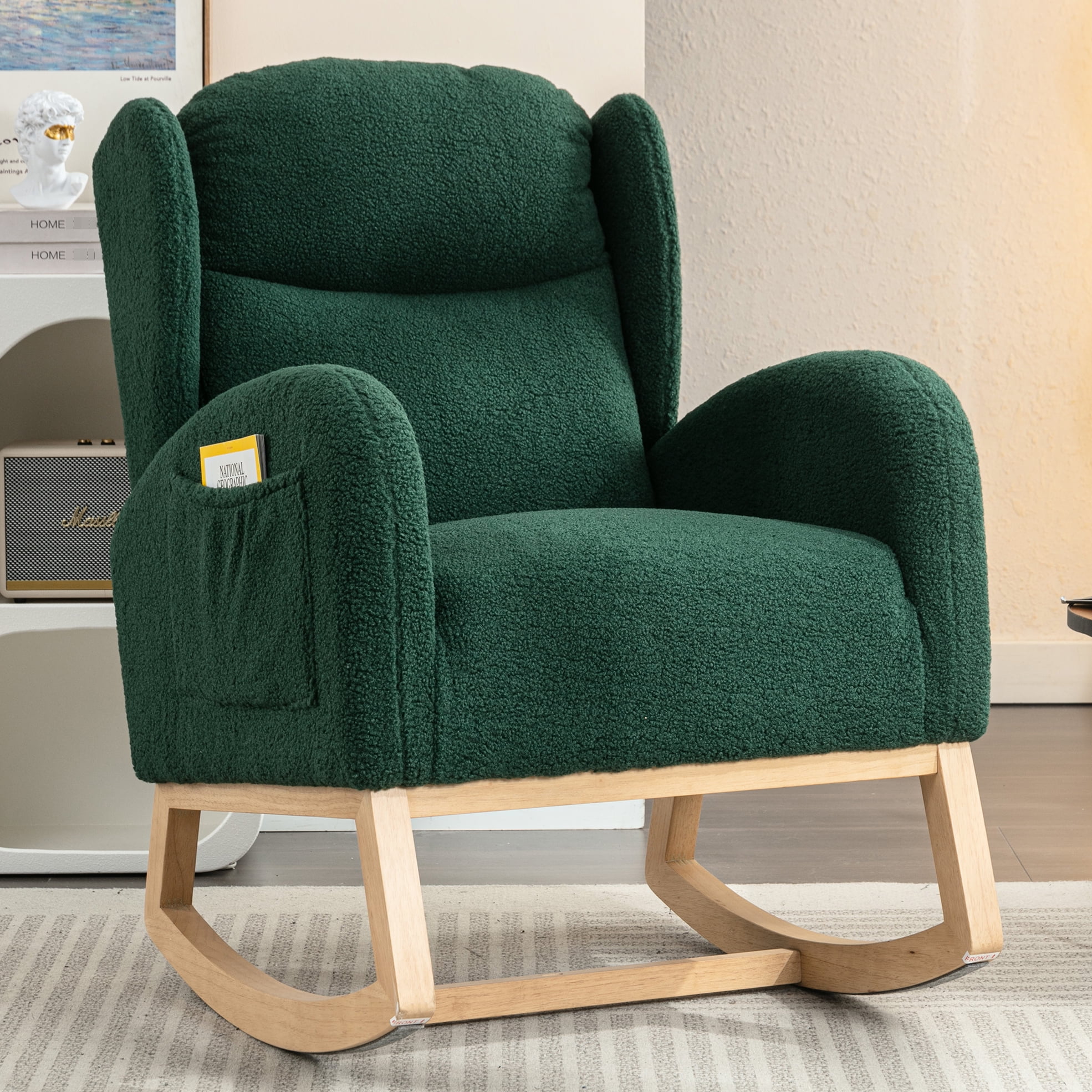 Cotton Filled Rocking Chair With Fabric And Wooden Base For Bedroom Sponge Wood Elements