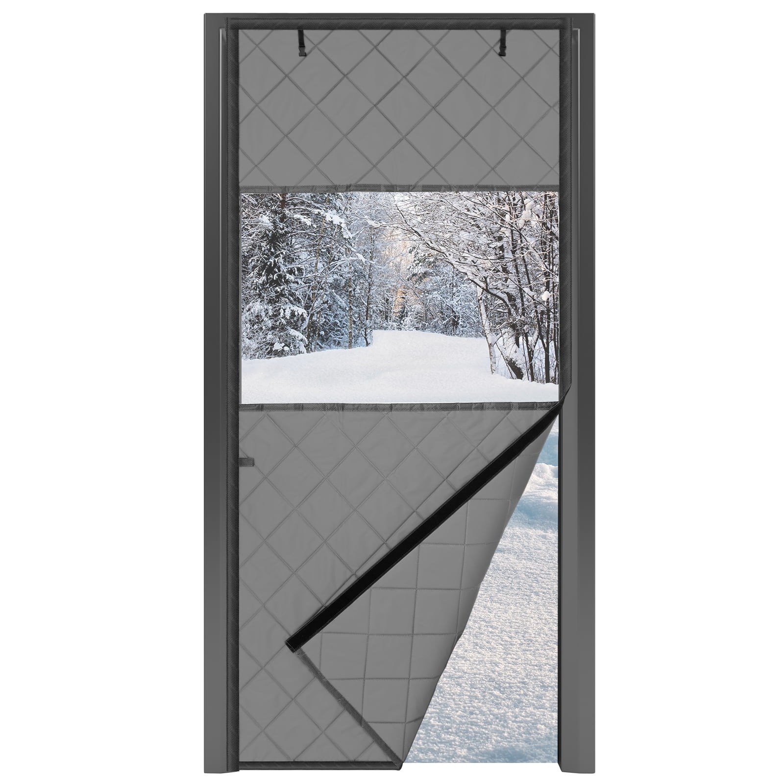 Cotton Filling Insulated Door Curtain With Handle and Clear Window Thick Windproof Insulated Door Screen Easy to Install Rollable Thermal Door Cover for Winter Doorway