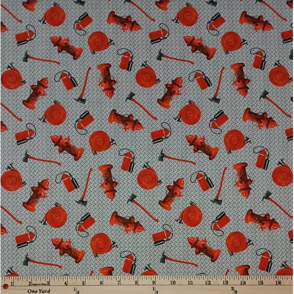 Cotton Fire Alarm Fire Hydrant Fire Extinguisher Hose Axe Emergency Rescue Blank Quilting Cotton Fabric Print by the Yard (4100-90)