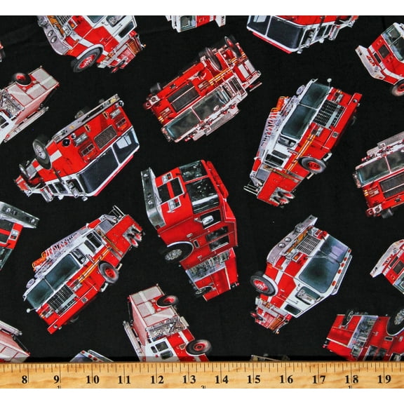 Cotton Fire Trucks Tossed Fire Engines Firefighters Fireman Emergency Rescue Black Cotton Fabric Print by the Yard (FIRE-CD1988-BLACK)