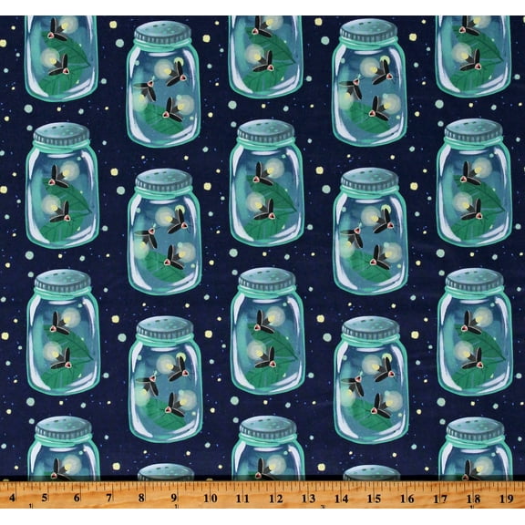 Cotton Firefly Jars Fireflies Insects Lightning Bugs Backyard Bugs Navy Blue Cotton Fabric Print by the Yard (120-3691)