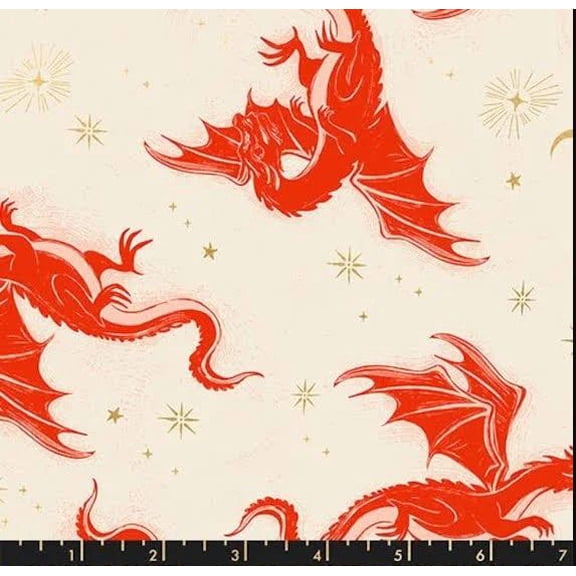Cotton Fireglow Dragons on Beige Moons Stars Ruby Star Society Cotton Fabric Print by the Yard (RS2131-11M)