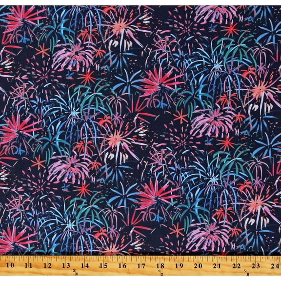 Cotton Fireworks Independence Day 4th of July Celebration Patriotic USA Navy Cotton Fabric Print by the Yard (STELLA-DCWR1785-MULTI)