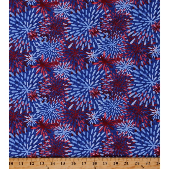 Cotton Fireworks Patriotic Colors One Land One Flag Blue Cotton Fabric Print by the Yard (1477-75)