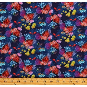 Cotton Fish Tropical Fishes Sea Anemones Coral Ocean Animals Reef Life Navy Blue Cotton Fabric Print by the Yard (5747-77)