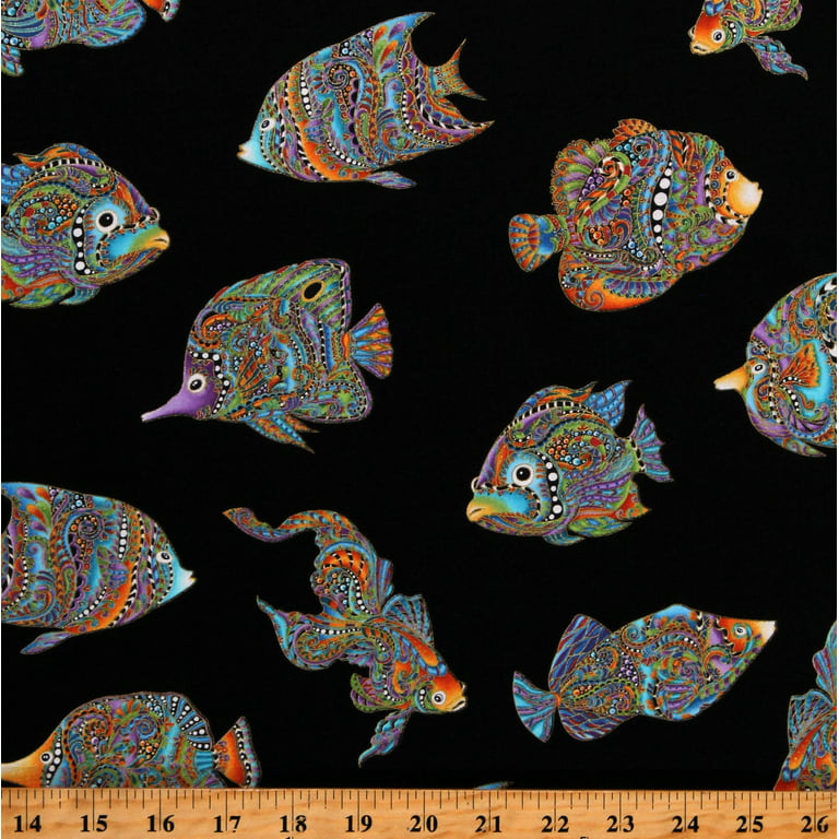 Cotton Fish Tropical Ocean Animals Colorful Multi-Color Metallic Paisley  Decorative Hooked on Fish Something Fishy Black Cotton Fabric Print by the  Yard (13003M-12) 