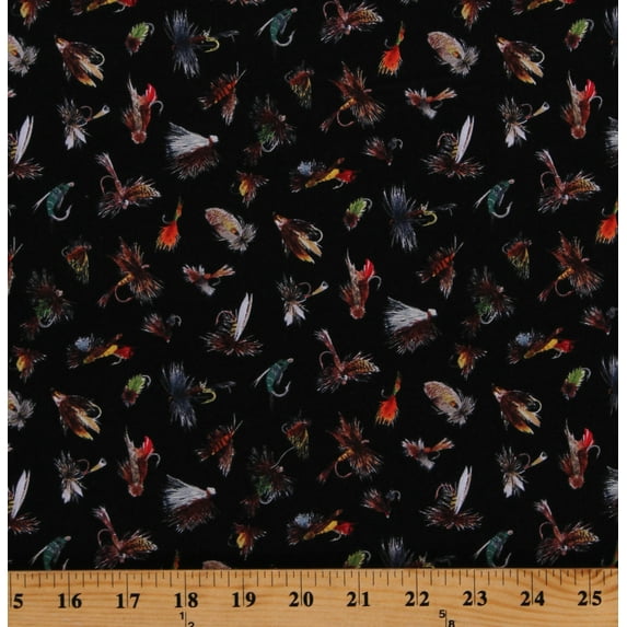 Cotton Fishing Lures Fishing Gear Tackle Bait Tight Lines Black Cotton Fabric Print by the Yard (611BLACK)