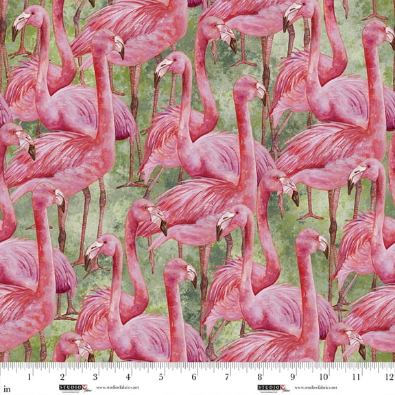 Cotton Flamingo Fling Flamingos Birds Animals All Over on Green Studio E Fabrics Cotton Fabric Print by the Yard (8487-64)