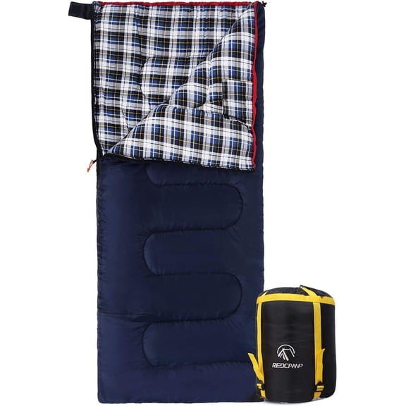 Cotton Flannel Envelope Sleeping Bag for Cold Weather Camping and Backpacking Blue, 2 lb Fill, Spring Season, 32 F Rating, Adult Size