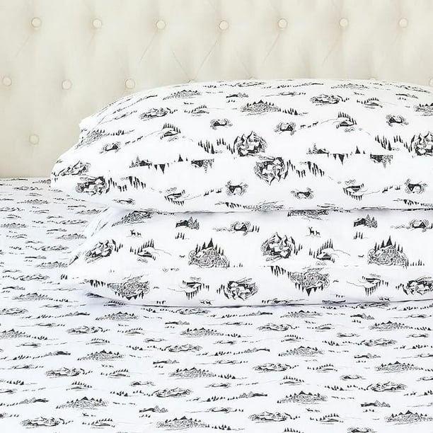 Cotton Flannel Sheet Set (4-PIECE) - Holiday Christmas Flannel Sheets, Deep Pocket Fitted Sheet - King, Winter Cabin