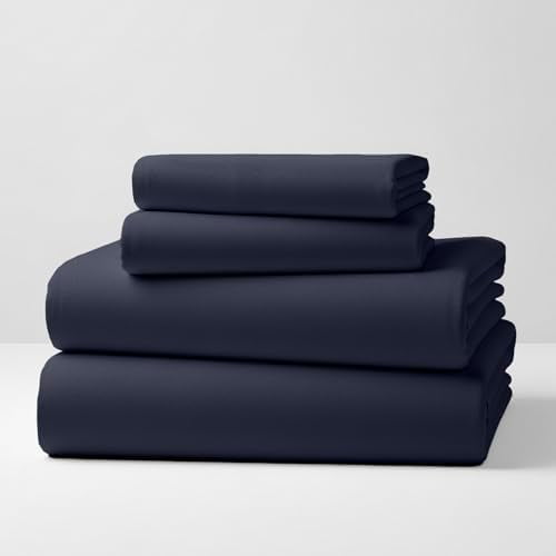 Cotton Flannel Sheet Set - Double Brushed for Added Softness & Comfort - Deep Pocket Fitted Sheet up to 16" - 4 Piece Set (Queen, Navy)