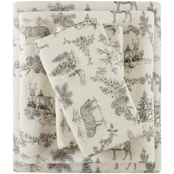 Cotton Flannel Sheets Full Size, Ultra Soft Flannel Sheet Set with 12" Elastic Pocket, Novelty Print Warm Flannel Bedding, Grey Woodland Toile 4 Piece