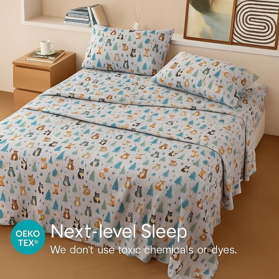 Cotton Flannel Sheets Queen Size, Soft Printed Bed Sheet Set for Deep Sleep, Warm Winter Bedding with Deep Pocket for Christmas Holiday and Home Decor, Forest Animals, 4 Pieces