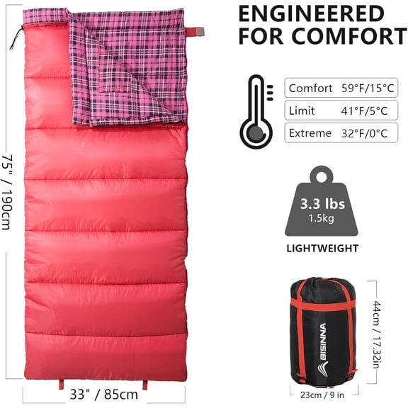 Cotton Flannel Sleeping Bag for Adults 3 Season Envelope Camping Hiking Backpacking with Compression Sack