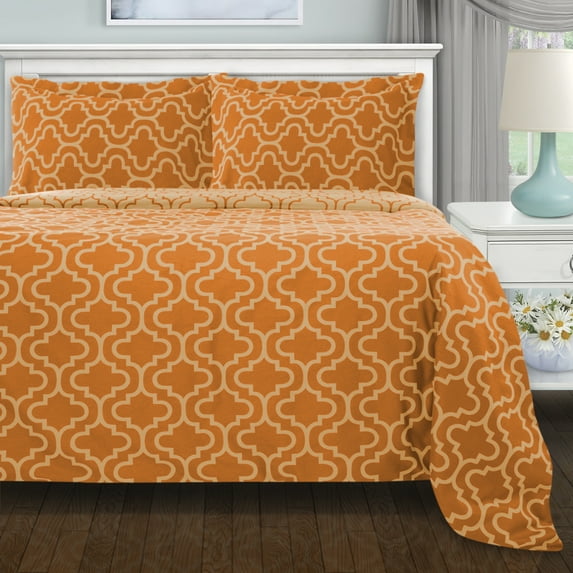Cotton Flannel Trellis-Solid Duvet Cover Set by Blue Nile Mills, Full/Queen, Pumpkin