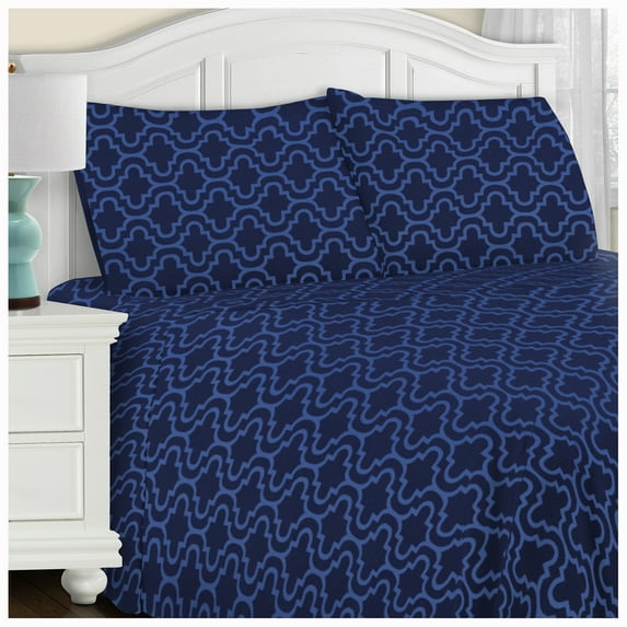 Cotton Flannel Trellis or Solid Deep Pocket Sheet Set by Blue Nile Mills, King, Navy Blue