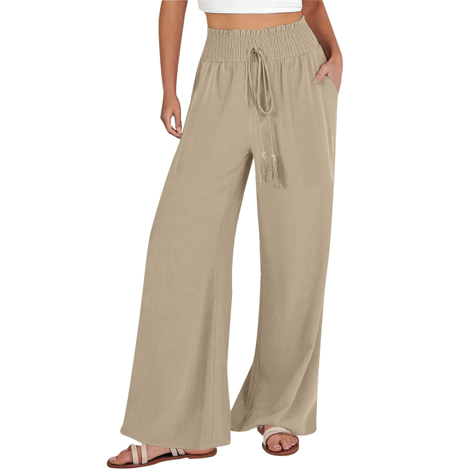 Cotton Flare Pants for Women Casual Vacation Cozy Palazoo Dressy Linen ...