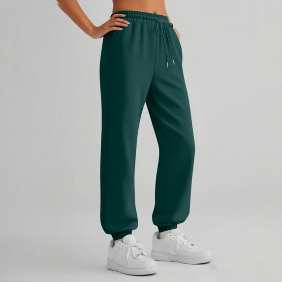 Cotton Fleece Lined Sweatpants Women High Waisted Warm Casual Lounge Jogger Pants with Pockets 03-Dark Green XL