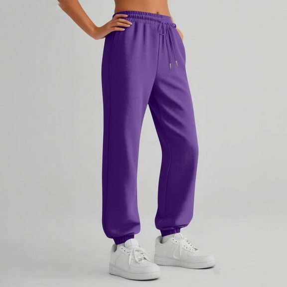 Cotton Fleece Lined Sweatpants Women High Waisted Warm Casual Lounge Jogger Pants with Pockets 05-Purple L