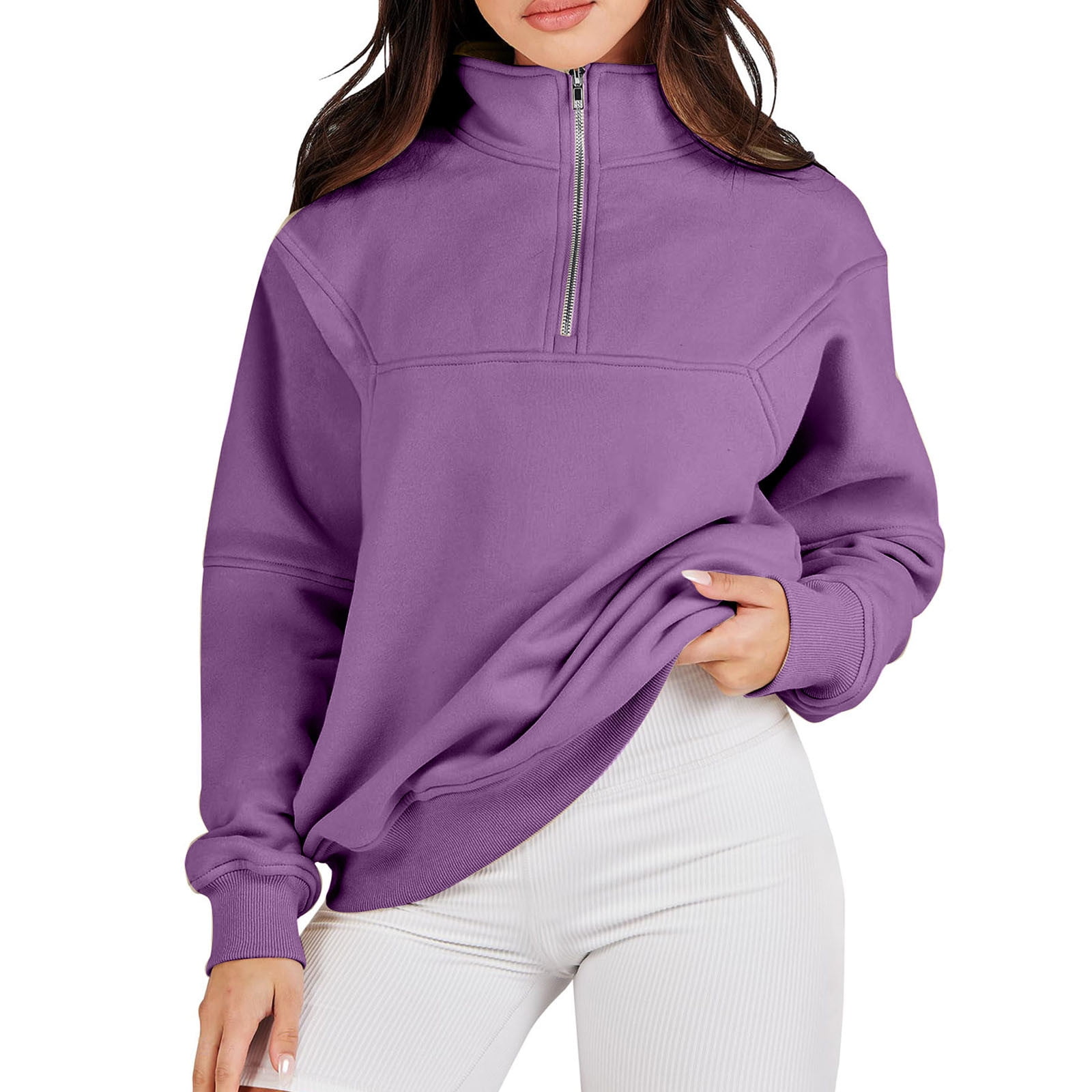 Cotton Fleece Quarter Zip Pullover Womens Plain Sweatshirt Casual Fall  Winter Loose Long Sleeve Sweater Top Outwear (Small, Purple) 