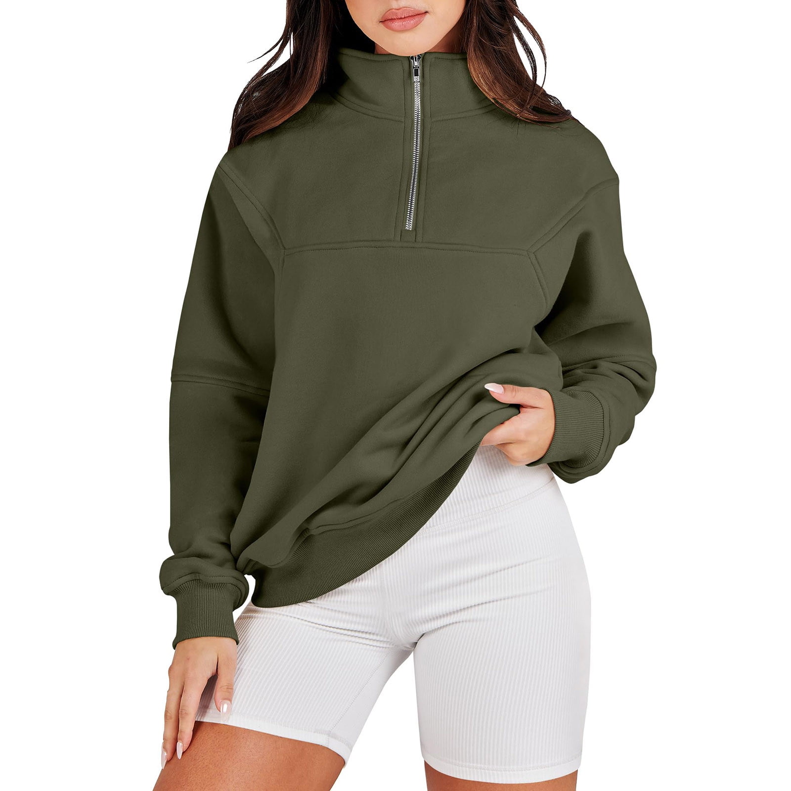 Cotton Fleece Quarter Zip Pullover Womens Plain Sweatshirt Casual
