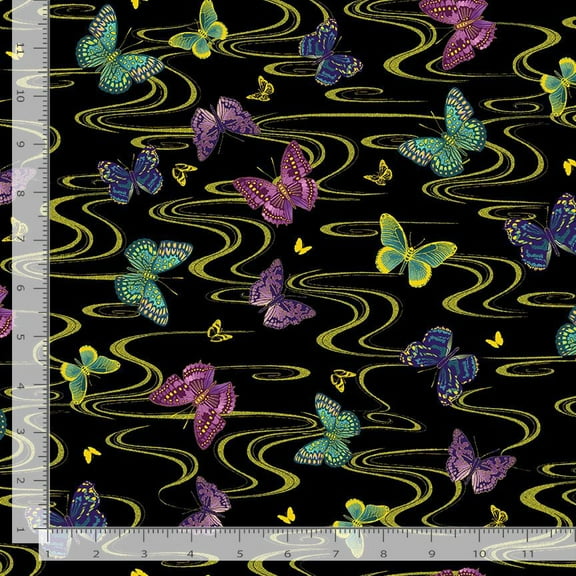 Cotton Floating Butterflies Metallic Colorful Butterfly Gold Swirls Patterns Timeless Treasures Black Cotton Fabric Print by the Yard (FLEUR-CM3172-BLACK)