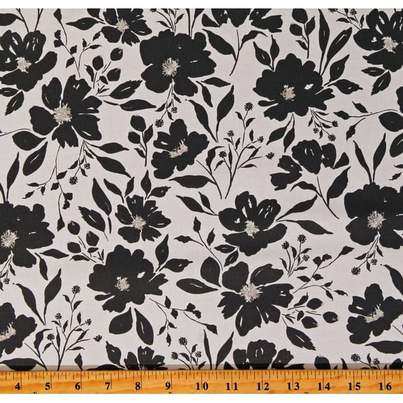 Cotton Floral Charcoal Gray Flowers on Light Cream Evermore Clothworks Cotton Fabric Print by the Yard (Y4193-2)