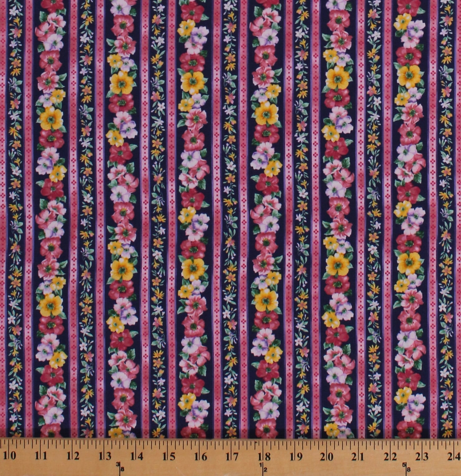 Cotton Floral Stripe Pink Purple Yellow Flowers Pink Stripes on Navy ...