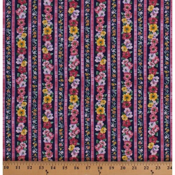 Cotton Floral Stripe Pink Purple Yellow Flowers Pink Stripes on Navy Blue Woodside Blossom in Navy Cotton Fabric Print by the Yard (SRK-17105-9NAVY)