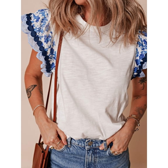 Cotton Floral Striped Wavy Flutter Sleeve Blouse