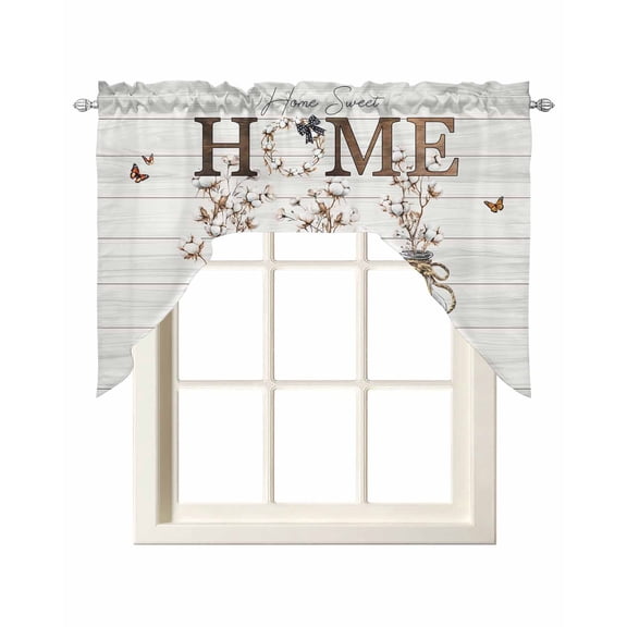 Cotton Floral Swag Valances for Windows, Small Curtains Drapes, Farmhouse Botanical Wooden Grain Kitchen Window Curtains Over Sink Rod Pocket Window Treatment Valance for Bedroom/Bathroom 56"x36"