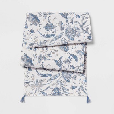 108" x 14" Cotton Floral Table Runner Blue