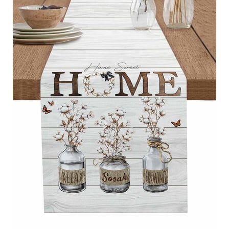 Cotton Floral Table Runner Cotton Linen 48 Inch Holiday Dresser Scarves, Farmhouse Botanical Wooden Grain Tablerunner for Kitchen Coffee Dining Bedroom Home Living Room Dinner Scarf Décor 13''x48''