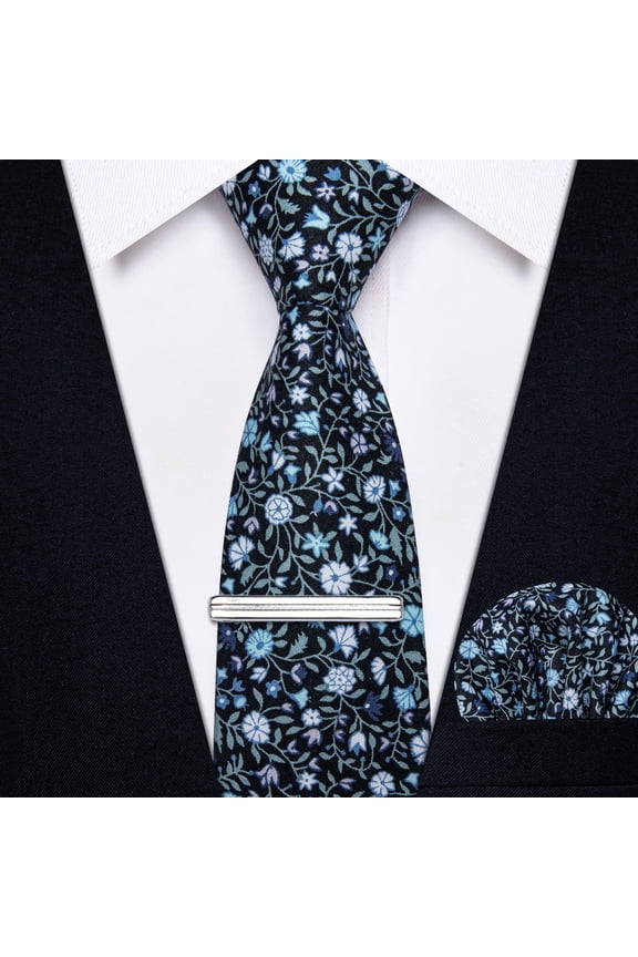 Cotton Floral Tie for Men 2.5" Printed Skinny Black Necktie Pocket Square Tie Clip Set Flower Wedding Party Graduation Blue
