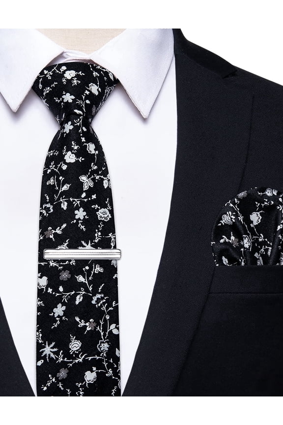 Cotton Floral Tie for Men 2.5" Printed Skinny Black Necktie Pocket Square Tie Clip Set Flower Wedding Party Graduation White