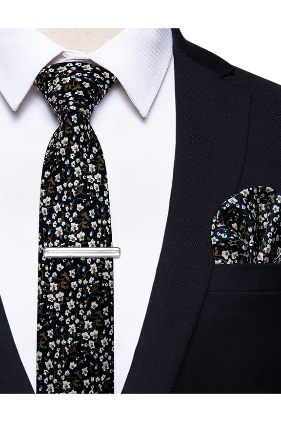 Cotton Floral Tie for Men 2.5" Printed Skinny Black Necktie Pocket Square Tie Clip Set Flower Wedding Party Groom Brown