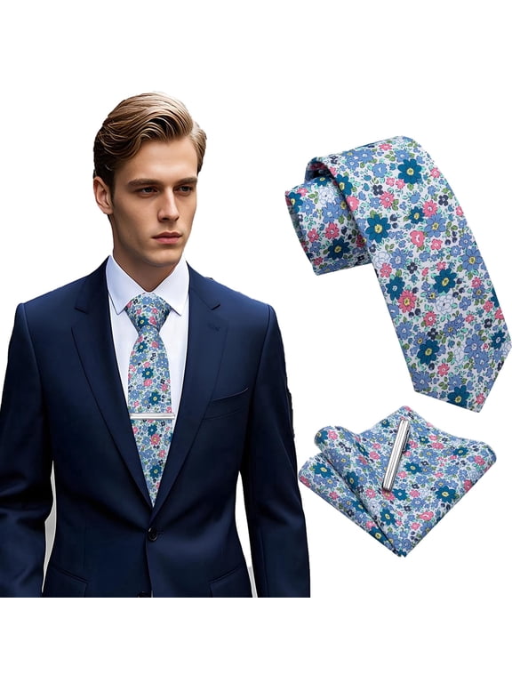 Cotton Floral Tie for Men 2.5" Printed Skinny Blue Necktie Pocket Square Tie Clip Set Flower Wedding Party Graduation Cyan