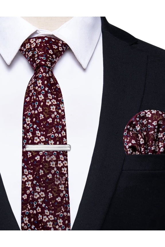 Cotton Floral Tie for Men 2.5" Printed Skinny Necktie Pocket Square Tie Clip Set Flower Wedding Party Groom Burgundy