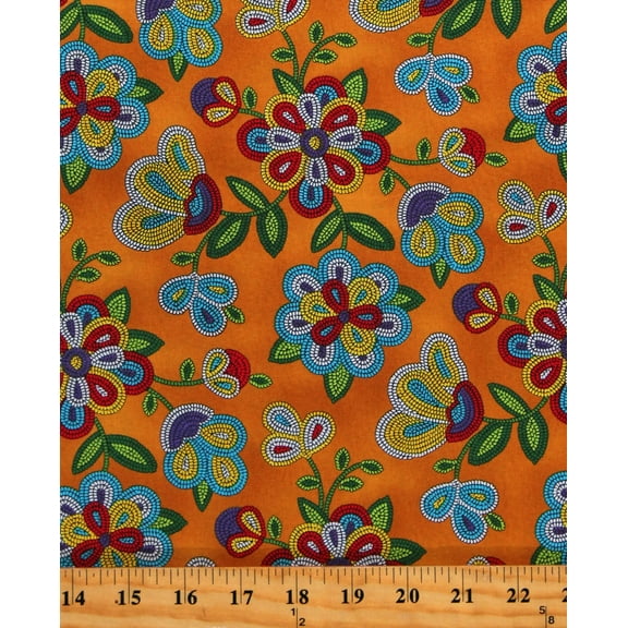 Cotton Flowers Beadwork-Look Floral Tribal Tucson Moosehide Orange Cotton Fabric Print by the Yard (449MOOSEHIDE)