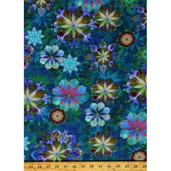 Cotton Flowers Floral Venice by Christiane Marques Teal Cotton Fabric Print by the Yard (AQSD-19719-213TEAL)