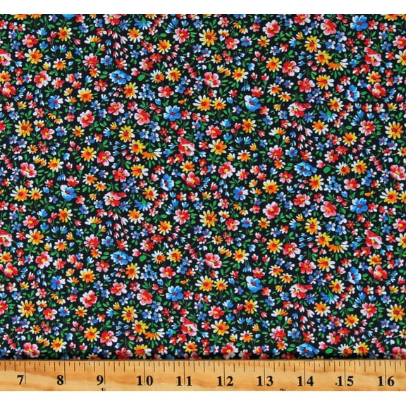 Cotton Flowers Tiny Small Scale Multi-Color Floral on Black Floral Cache Cotton Fabric Print by the Yard (1649-28884-J)
