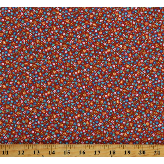 Cotton Flowers Tiny Small Scale Multi-Color Floral on Red Calico-Look Floral Cache Cotton Fabric Print by the Yard (1649-28885-R)