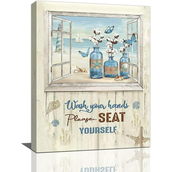 Cotton Flowers Wall Art Coastal Floral in Mason Vase Bathroom Pictures Wall Decor Beach Nautical Canvas Painting Prints Butterfly Country Framed Artwork for Bathroom Bedroom Living Room 12"x16"