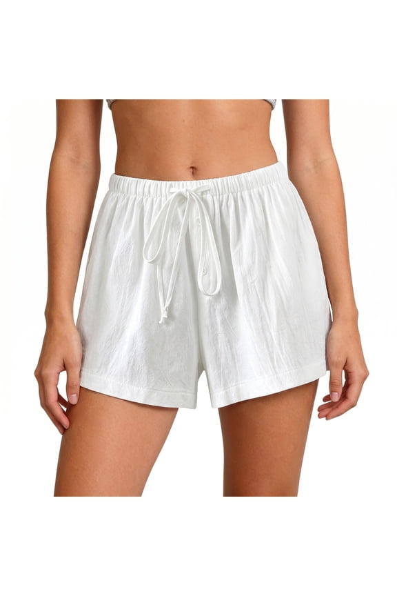 Cotton Flowy Shorts for Women Elastic Waist Drawstring Shorts Casual Summer Vacation Beach White XXL