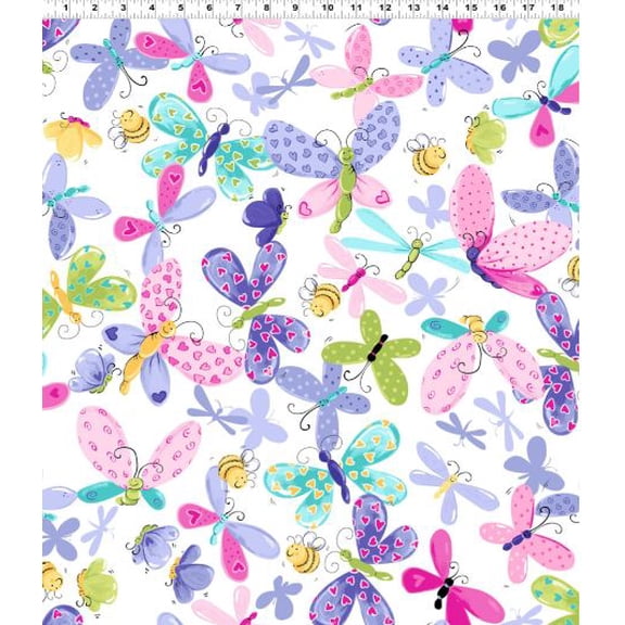 Cotton Flutter the Butterfly Susybee Dragonfly Bumble Bees Hearts Cute Clothworks Cotton Fabric Print by the Yard (SB20266-650)