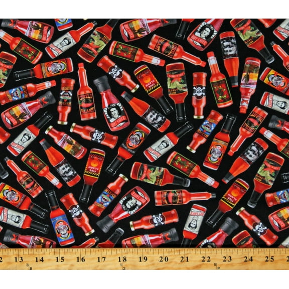 Cotton Folklore Mexican Hot Sauce Bottles Sauces Food Spicy In Queso Emergency Black Cotton Fabric Print by the Yard (FOOD-CD2217-BLACK)