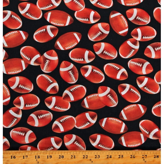 Cotton Footballs Allover on Black Athletics Athlete Sports Life 5 Cotton Fabric Print by the Yard (SRKD-19141-2BLACK)